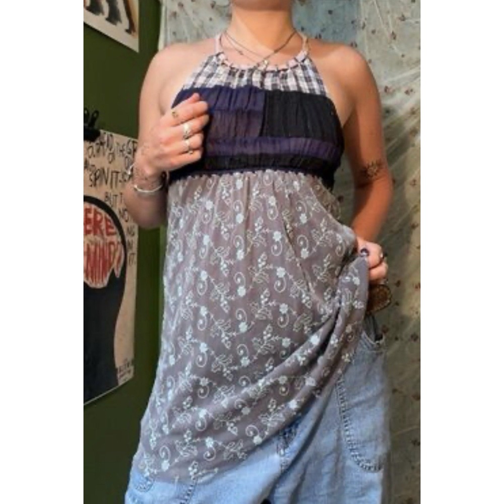 Free People Y2K Embroidered Tunic Tank Top Sz Small Cotton Lined Boho Babydoll